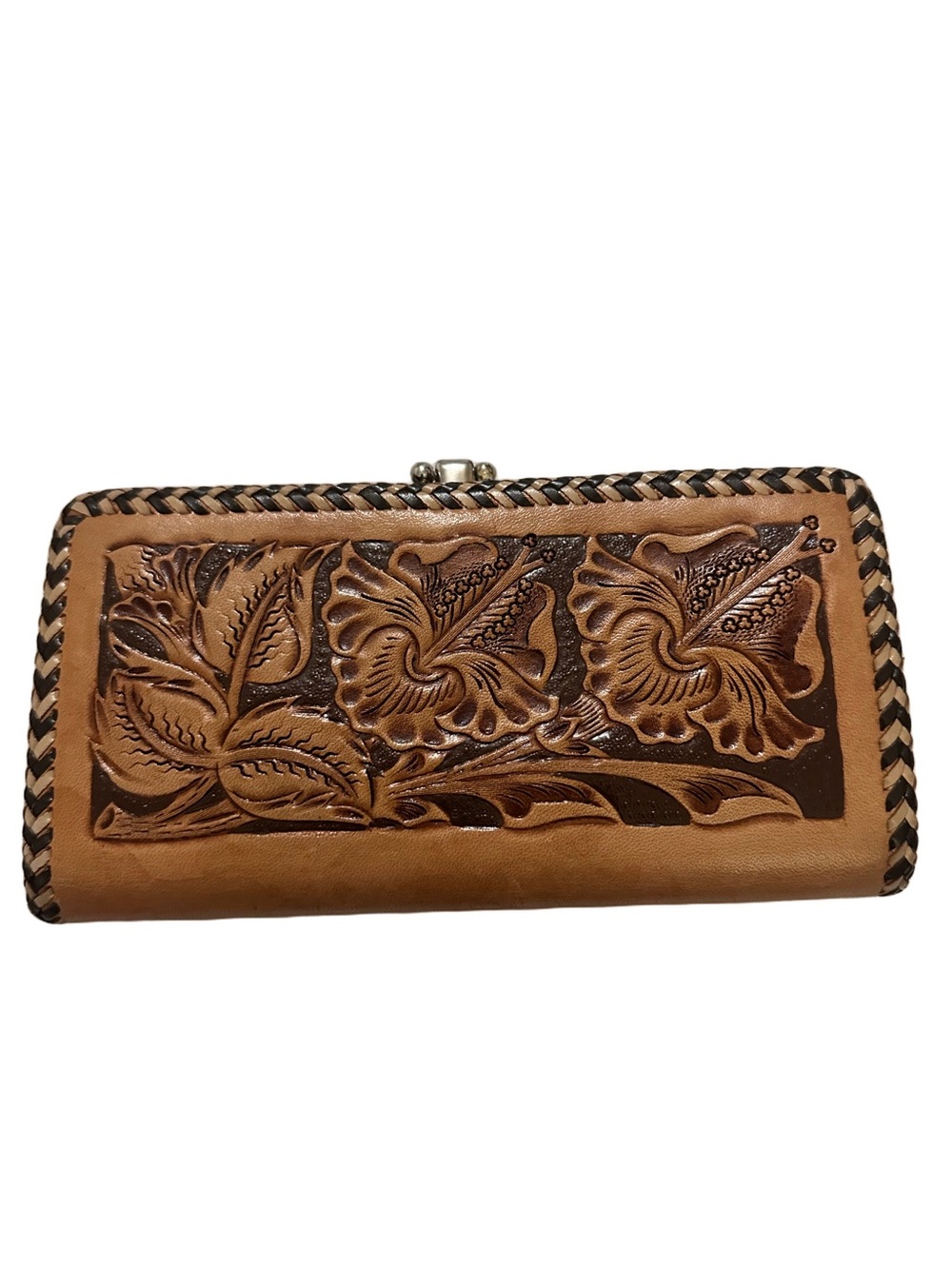 Handmade Leather Floral Tooled Western Wallet Clutch Tan Brown Braided Edge